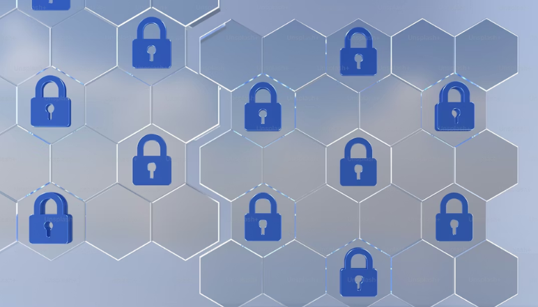 Graphic showing network security shield and digital connections protecting computer systems.